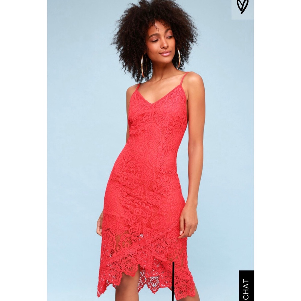 Rylee Coral Red Lace Bodycon Midi Dress